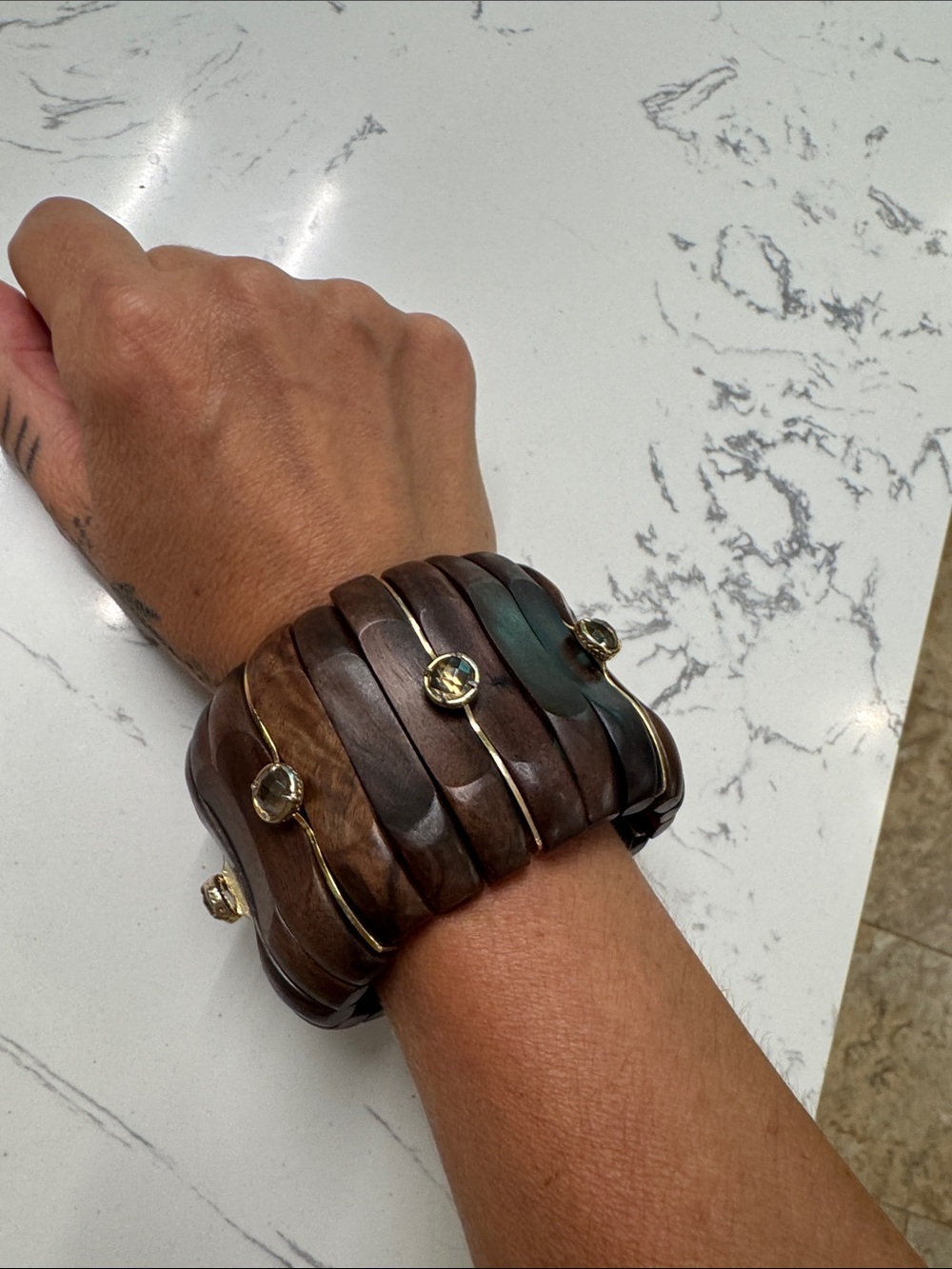Chunky Wood Bracelet with Gold and quartz Accents